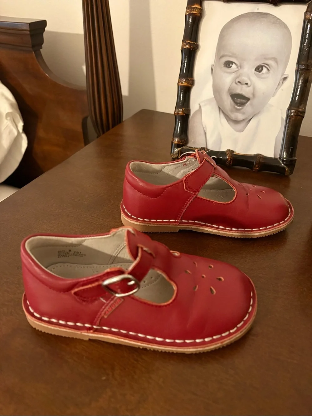 L'Amour Red T‑Strap Kids Dress Shoes with Buckle